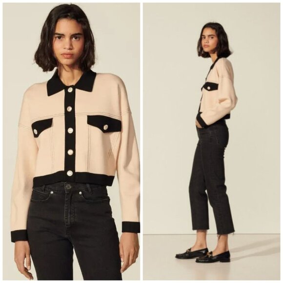 NWT Sandro Cher Cropped Cardigan Beige Black Topstitch Button Up Size 0 / XS - Picture 7 of 13
